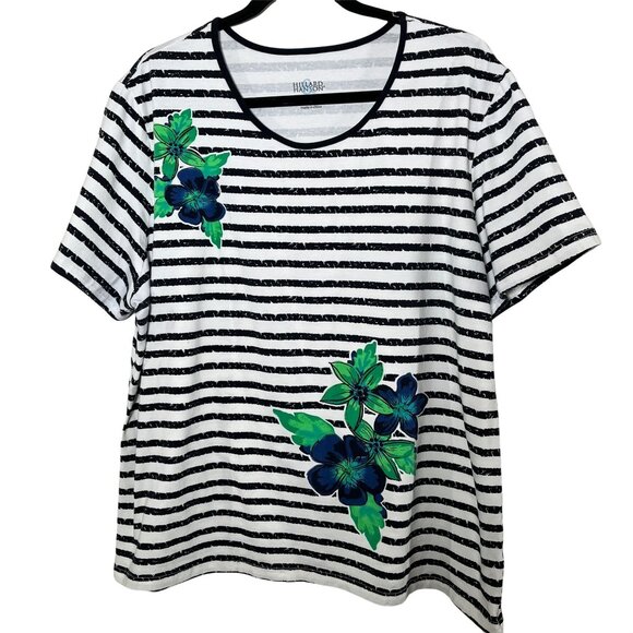 Hillard & Hanson Woman 3X Striped Floral Short Sleeve Top - Picture 1 of 6